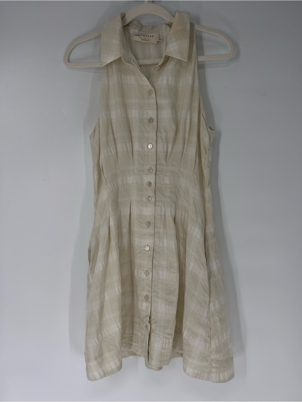 Exquise Sleeveless Cream Plaid Button-Front Collared Preppy Pleated Mini Dress M